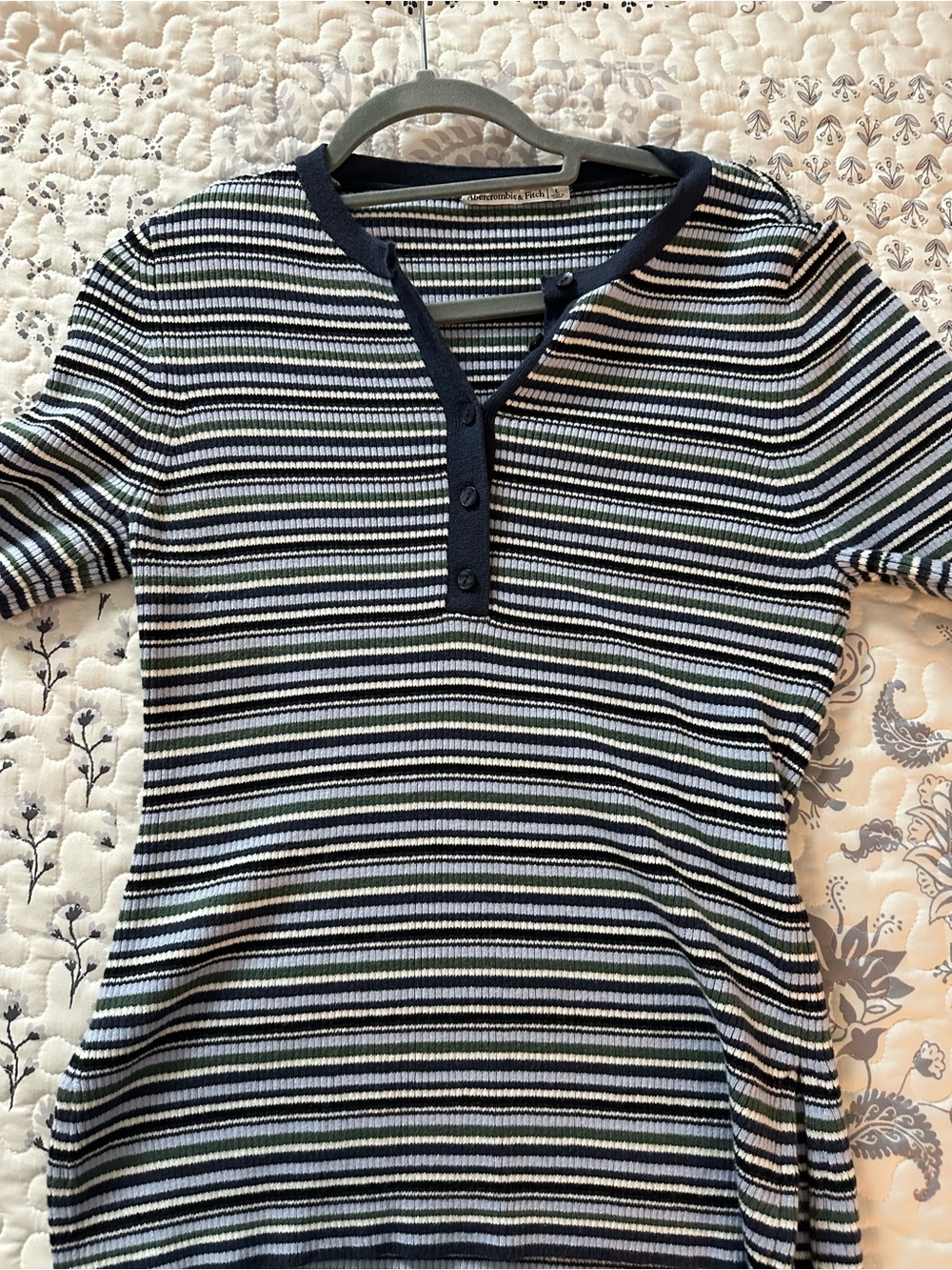 Abercrombie & Fitch Navy, White & Green Striped Ribbed Henley